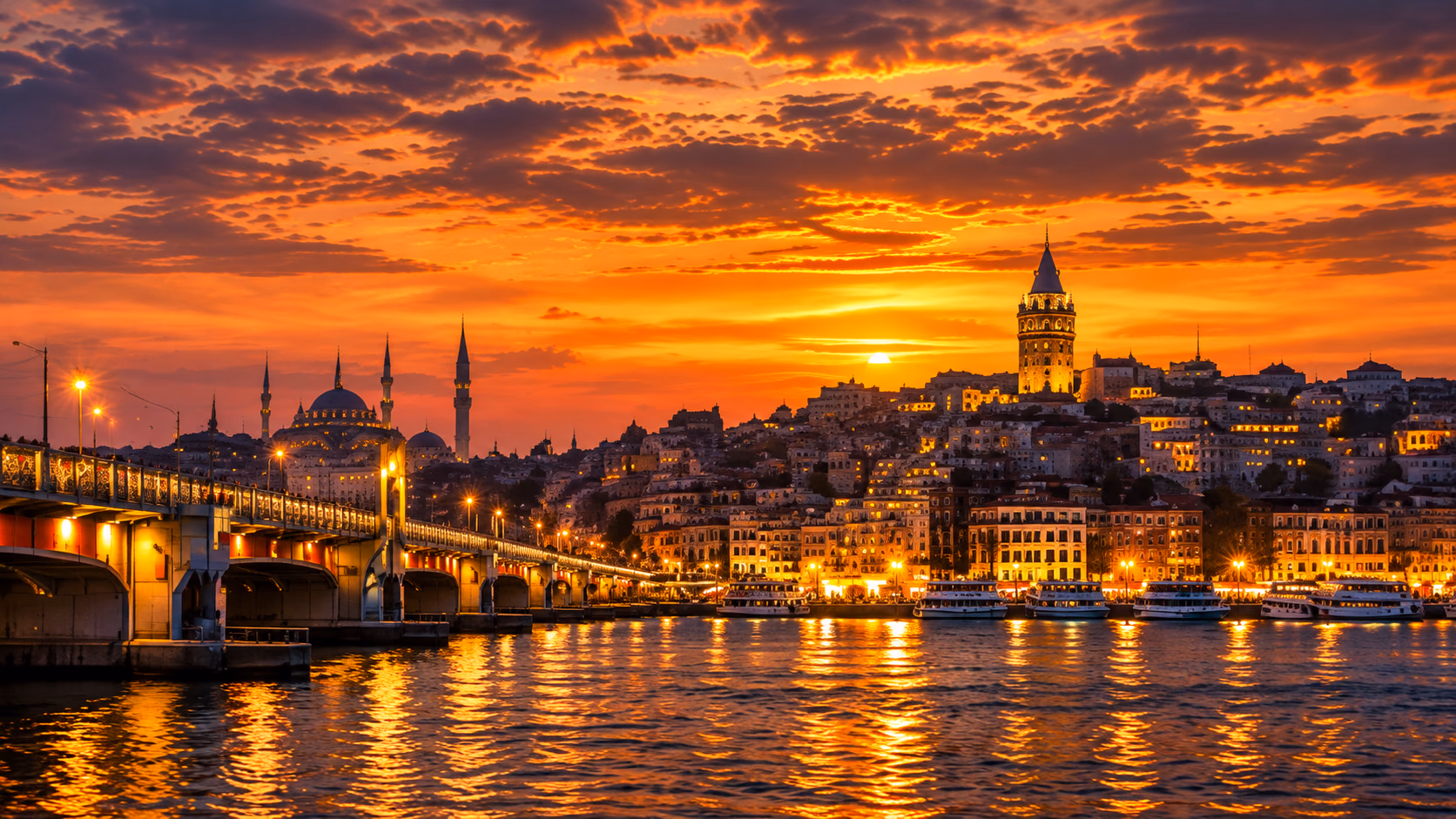 The Maiden’s Tower on the Bosphorus against an amber sunset.