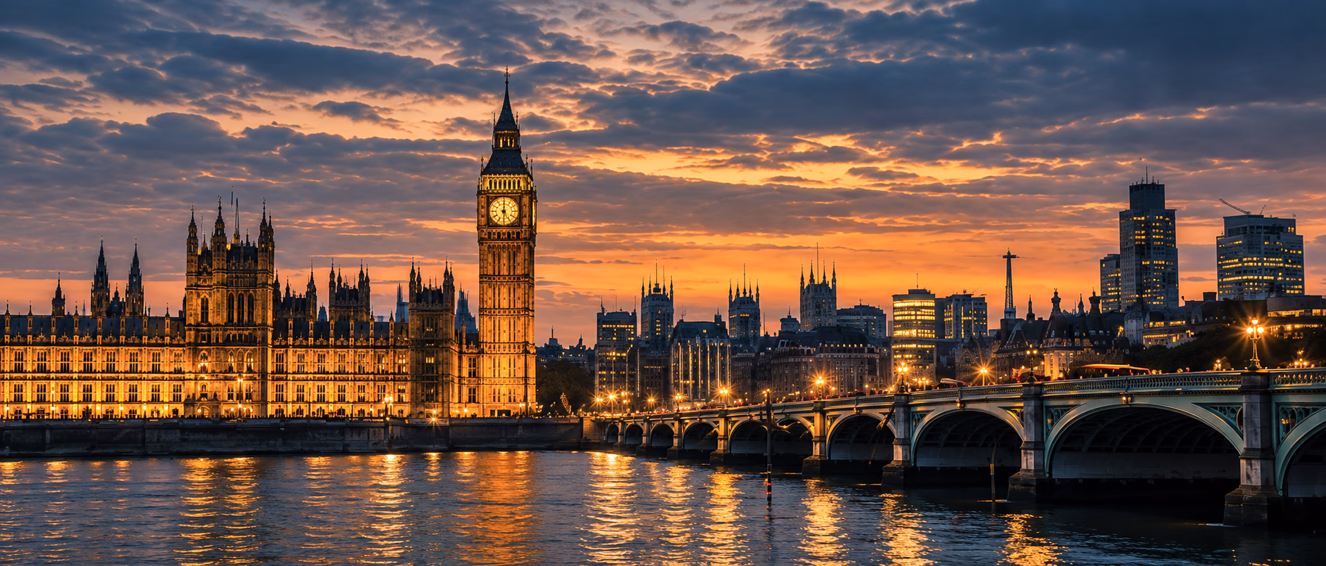 The Houses of Parliament and Westminster Bridge at blue hour.
